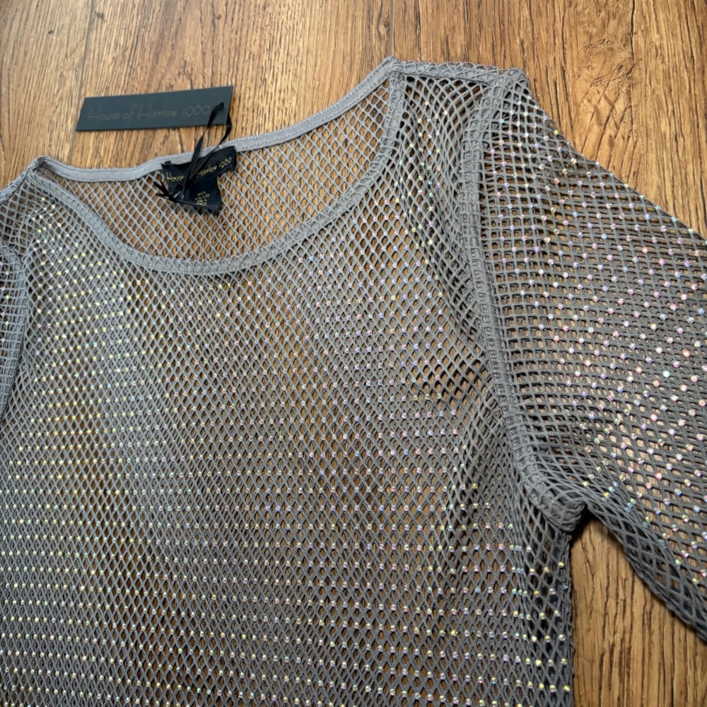 House of Harlow 1960 Monochrome gems Gray Rhinestone Mesh Maxi Dress NWT slits - Picture 3 of 9